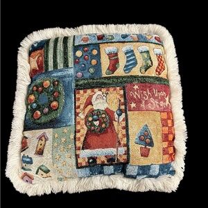 Christmas Tapestry Pillow Fringe 17x17 Santa Stockings Wreath Stars Birdhouses.